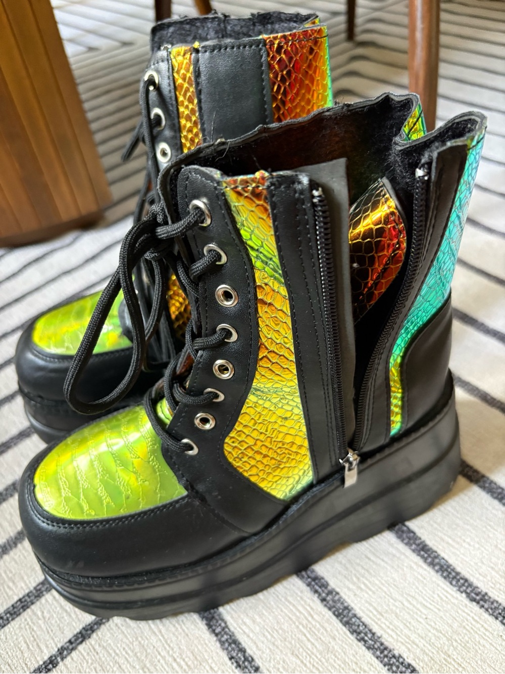 BURNING MAN BOOTS!!!! Iridescent Green Snakeskin Platform Combat Boots
